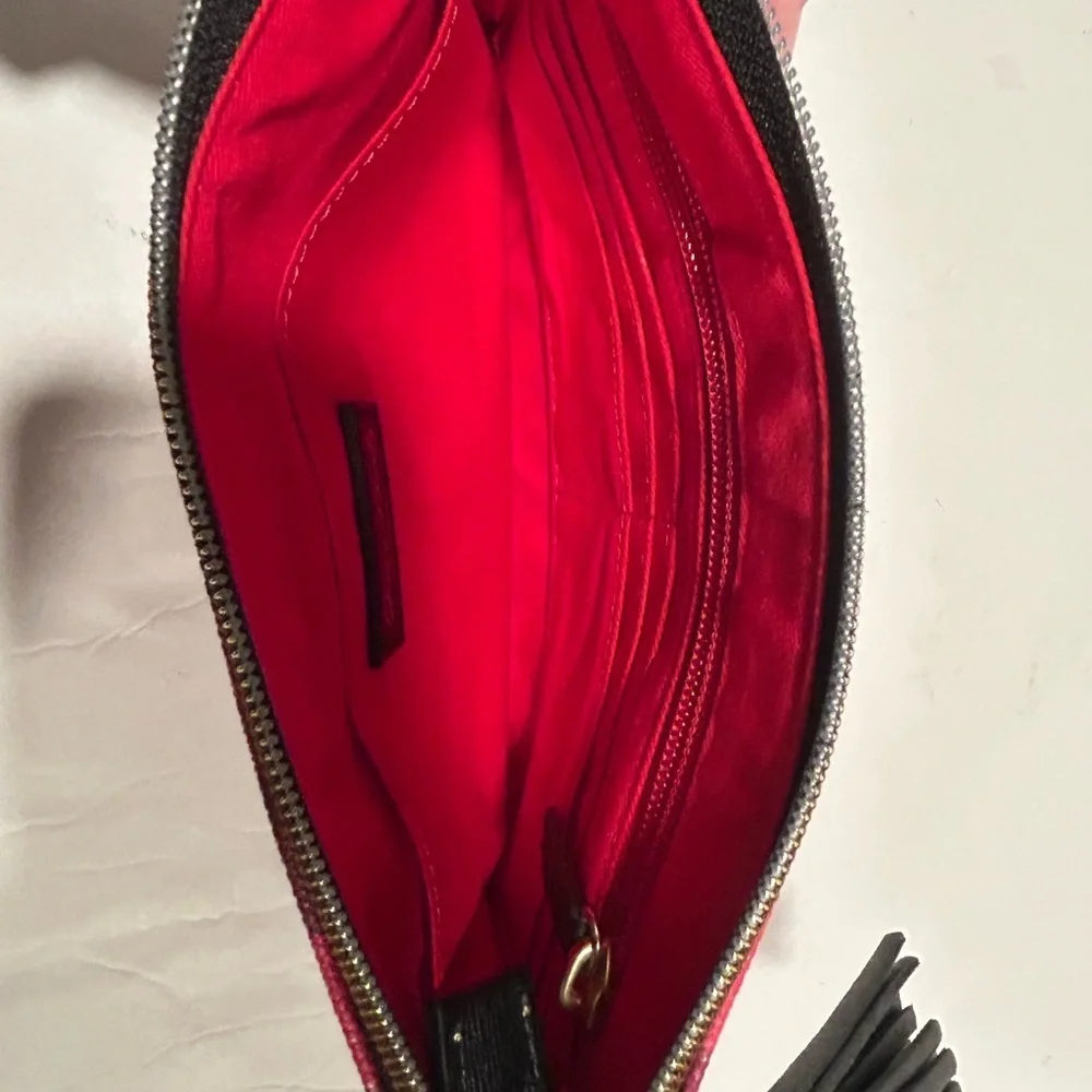 Dooney & Bourke Carrington Pouch, Black Red, Buffalo Check, Tassel, LOGO, Box